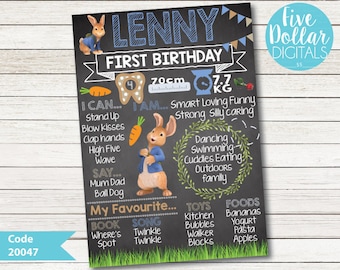 Peter Rabbit Chalkboard Blackboard Personalised Digital First Birthday Milestone Board