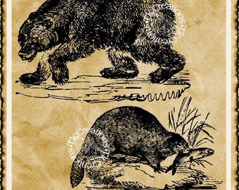 Beaver and Bear Vintage Digital Image Printable/Graphic