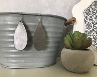 Silver leather teardrop earrings
