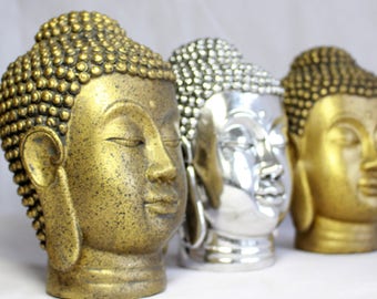 Golden Buddha Head, Small Buddha Statue for Home, Meditation, Buddhism, Religious Decor, Decorative Buddha Head Ornament : Resin