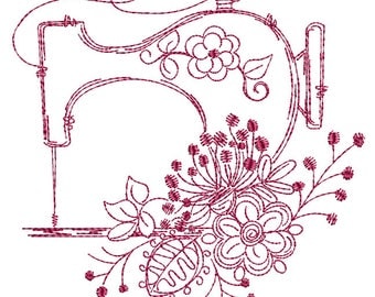 Vintage Sewing Machine Redwork - Machine Embroidery Design