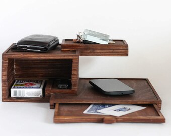 Tiered Desk Organizer//dresser shelves place to put keys wallet phone cards accessories storage stained wood platforms drawers simple holder