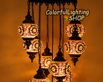 Turkish mosaic 9 globe chandelier, Turkish lamp, Mosaic Lamp, Hanging Style, Morrocan decor, Ottoman Light, Stunning handcraft globe glass