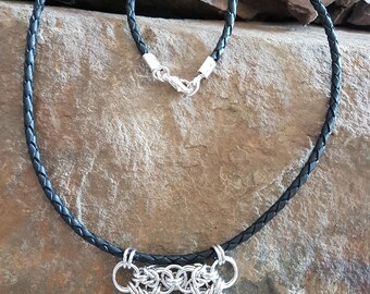 Collar, leather collar, necklace with pendant, Chainmaille