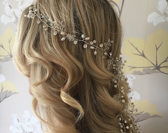 Vintage bohemian style rhinestone crystal pearl long bridal hair vine, silver wedding hair accessory