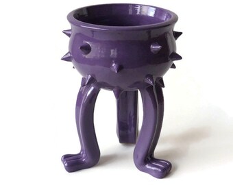 Ceramic Pot - Purple Grouchy Planter Pot with Spikes and Sculpted Feet - Spiked Succulent Planter