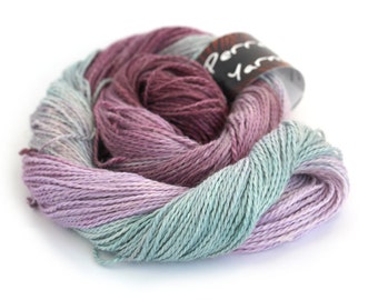 Hand dyed DK, double knitting baby alpaca linen silk blend, light worsted crochet yarn skein, Perran Yarns Rainbow Flourite plum lilac teal
