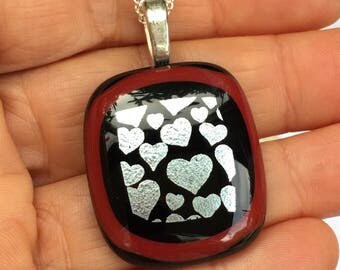 SALE Dichroic Glass Pendant Red Black Silver - Studio Clearance
