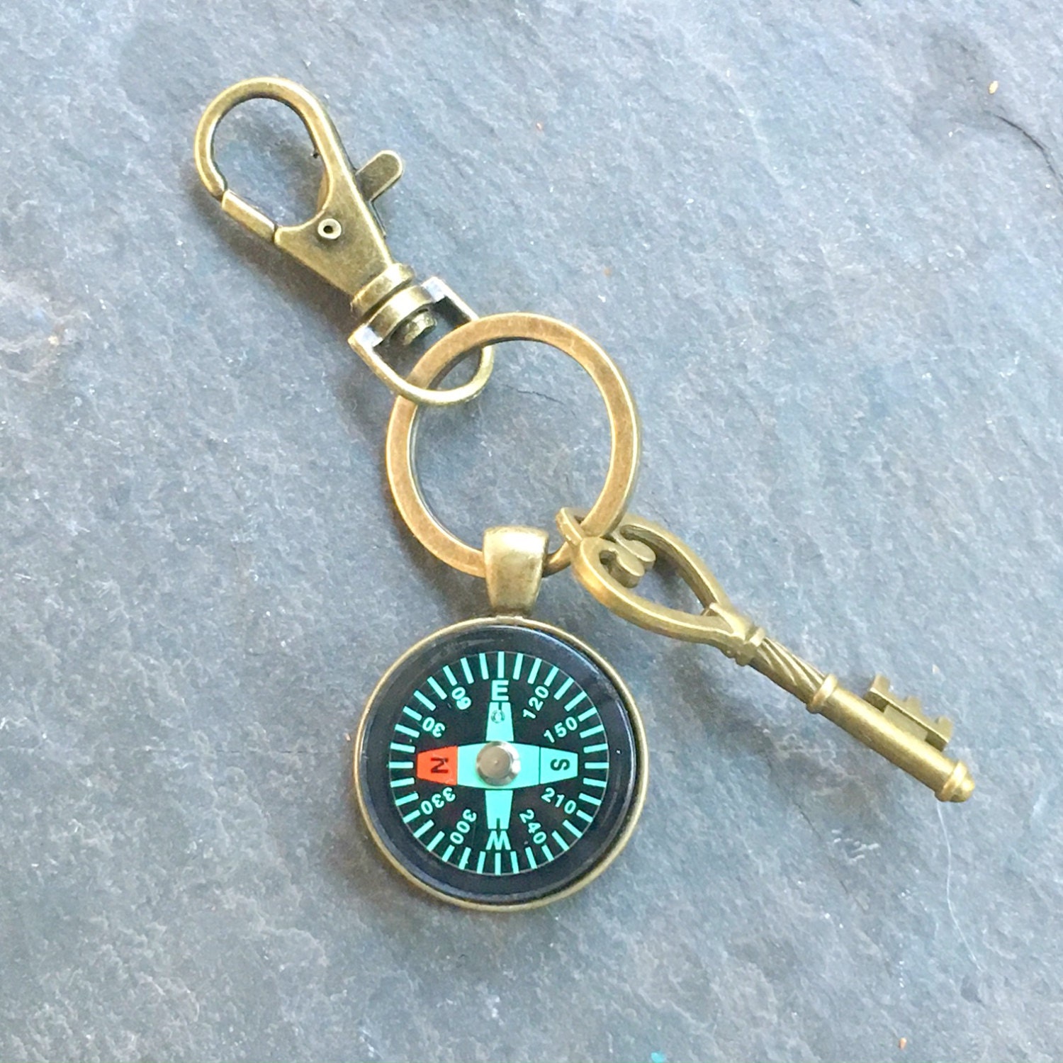 Compass Keychain Bronze with Ring and Key Change in Direction