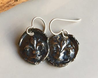 Fine Silver Wax Seal Stamp Earrings, Fleur De Lis Earrings, Archaic Earrings, .999 Fine Silver, Kiln Fired, Mardi Gras, New Orleans