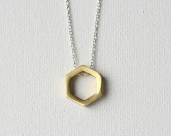 Brass Minimal Necklace, Brass Geometric Jewelry, Modern Minimal Jewelry, Mixed Metal Jewelry, Modern Brass Jewelry, Geometric Hexagon
