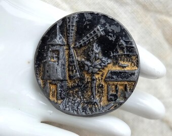 Vintage Victorian Picture Button Windmill and House