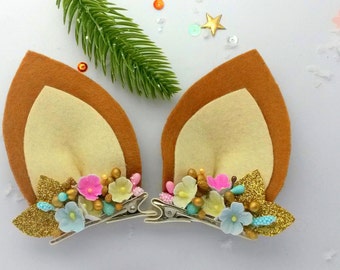 Deer ears hair Clips, Handmade Felt Deer ear barrettes, Deer ear hair slides, Bambi ears, Woodland Free UK Postage