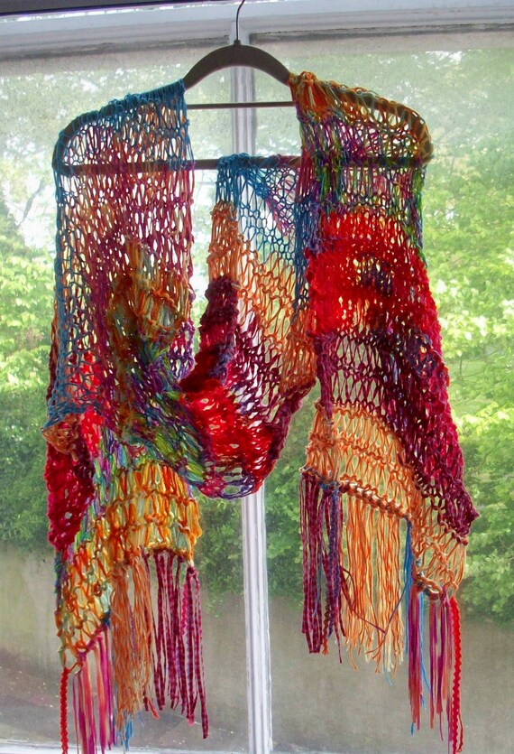 Festival scarf, vegan, long, knit, multi rainbow yarn, summer fun, hippy happy ooak