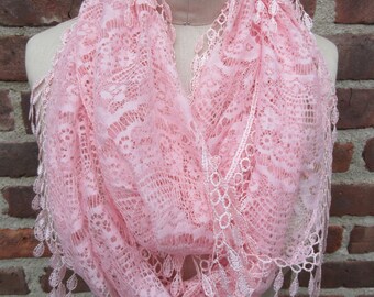 lace infinity scarf sheer pink neck wrap Scalloped lace cowl Floral Fringed Loop soft boho chic tube Bohemian hippie feminine Accessory Gift