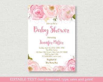 Soft Pink Floral Baby Shower Invitation / Floral Baby Shower Invite / Watercolor Floral Invite / Editable PDF INSTANT DOWNLOAD A170