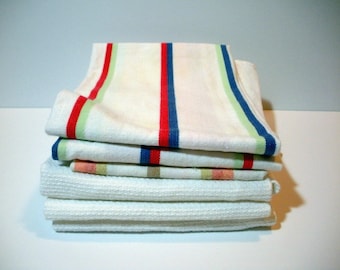 Vintage Kitchen DISH TOWELS, Linens, Cotton Stripes, 6 Tea Towels