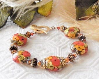 Sale.......One of a Kind 18K Vermeil Lampwork Glass & Swarovski Crystal Plus Size Bracelet
