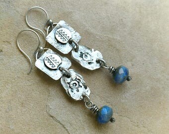 Primitive Stamped Relic Sterling Silver & Denim Blue Czech Glass Crystal Dangle Earrings . Rustic Southwest Boho Tribal Style Jewelry