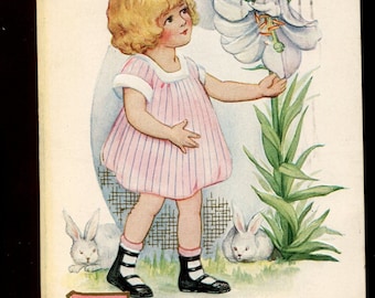 Easter vintage Postcard Precious little girl with bunnies