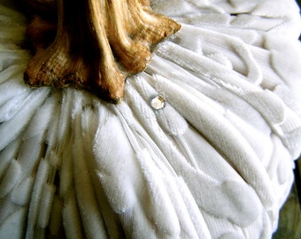 Ivory Silk Velvet Burnout Scroll Design Velvet Pumpkin With Natural Stem Swarovski Clear Crystal Accent 9" Diameter