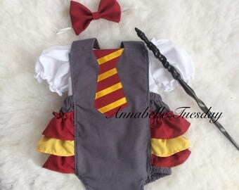 Harry Potter Baby Hogwarts Ruffle Bottom Romper Three Piece Outfit Set Or Costume Size Newborn to 24 Months