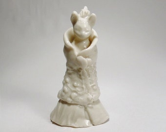 Ceramic Cat in White Gown Fashionable Figurine Tiny Miniature Art Sculpture Animal Kitty