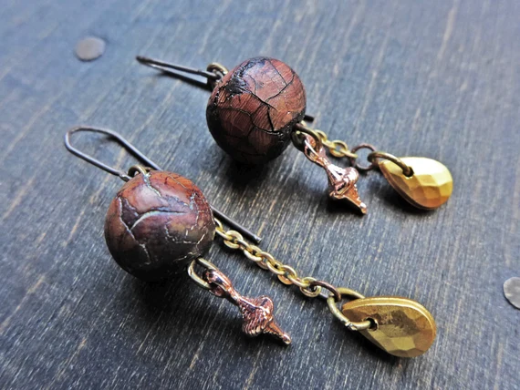 Handmade artisan earrings with polymer clay art beads- Wood and Metal series by fancifuldevices