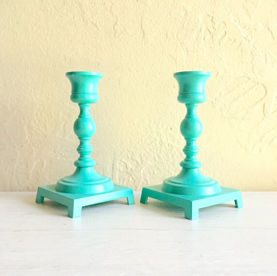 Pair of Teal Painted Metal Candlesticks Candle Holders Classic