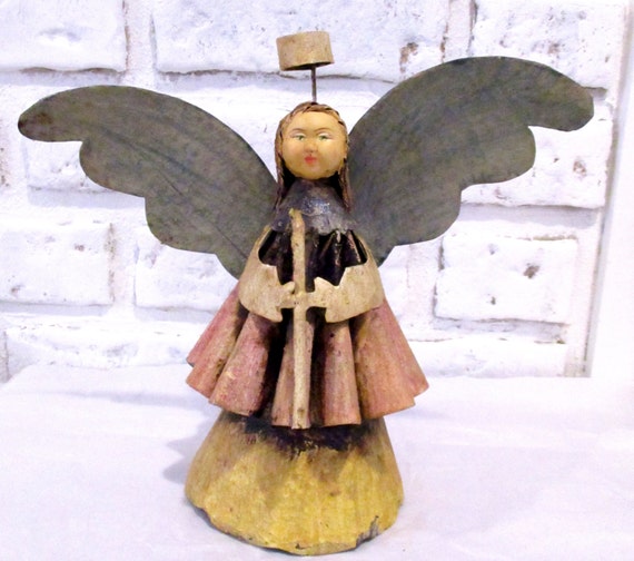 Vintage Mexican Brass Tin Metal Angel Tree Topper Primitive