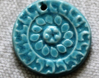 Teal Leaf Pendant - Ceramic Circle Focal Pendant