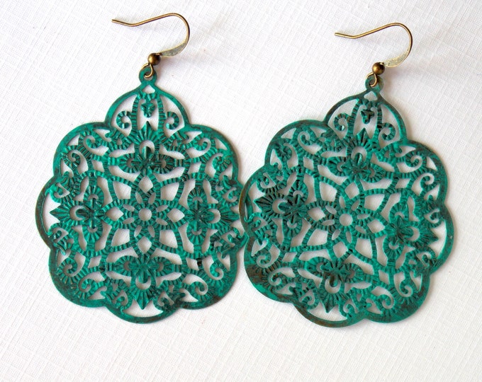 Turquoise Earrings Patina Earthy Flower Rustic Woodland Filigree Dangle Boho Brass Bohemian Earrings Jewelry Drop Earrings Jewelry