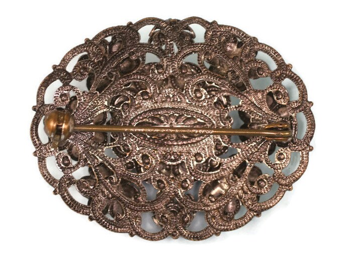 Rhinestone Filigree Brooch Pink AB and Blue Stones Signed Germany Vintage
