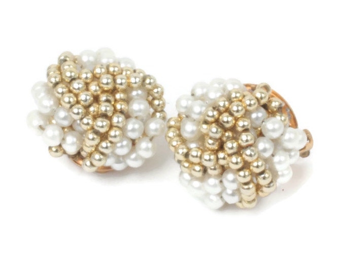 Gold and Pearl Beaded Earrings Simulated Pearl Clip Style Vintage