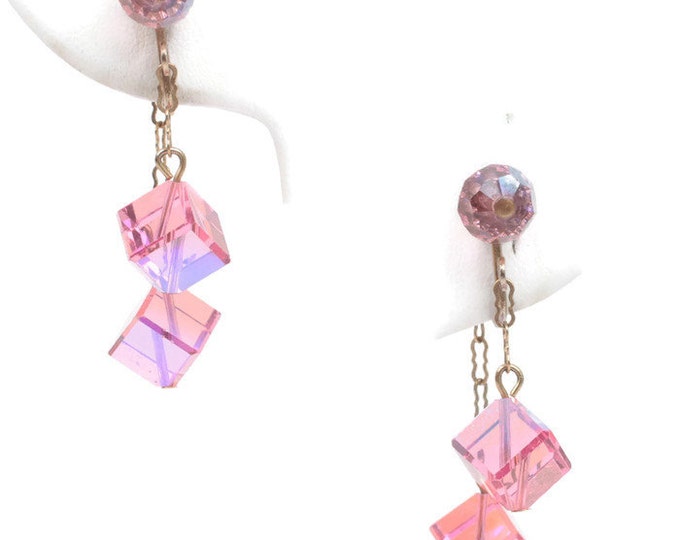 Pink AB Dangle Earrings Cubes Bead 2 Inch Drop Clip On Vintage