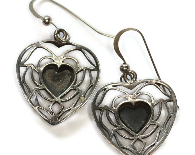 Onyx Heart Dangle Earrings Sterling Silver Pierced Ears Filigree Vintage