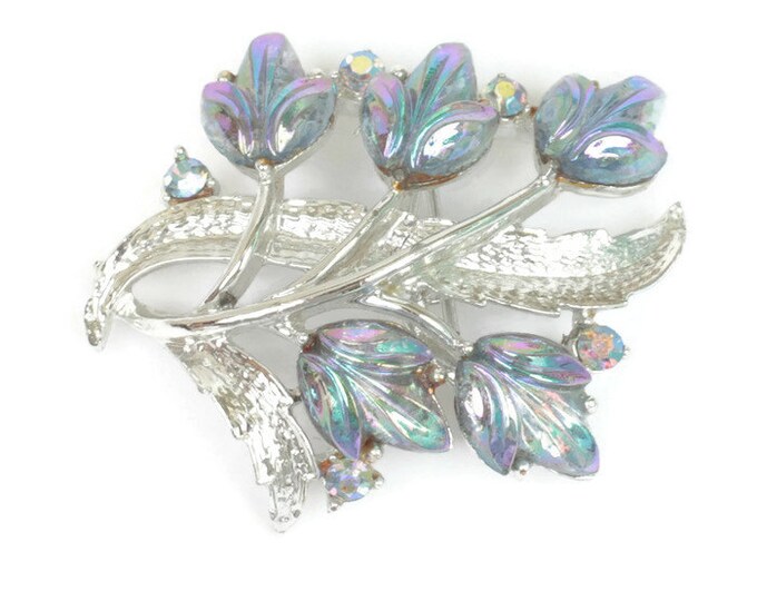 Blue Aurora Borealis Rhinestone Brooch Floral Design Vintage