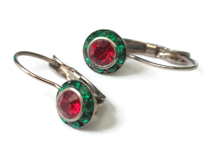 Red and Green Rhinestone Earrings Lever Back Vintage
