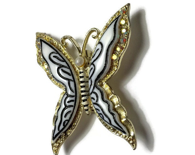 Layered Butterfly Brooch AB Rhinestones Lucite Simulated Pearl Vintage