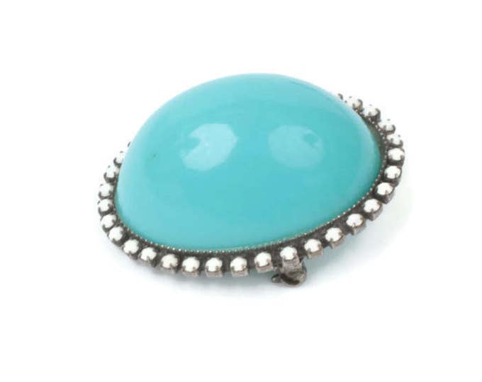 Domed Turquoise Lucite Brooch White Milk Glass Bead Accents Larger Vintage Pin