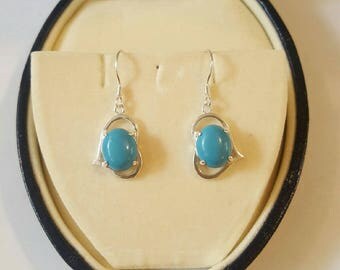 Sterling Silver and Turquoise Heart Cabochon Dangle Drop Earrings