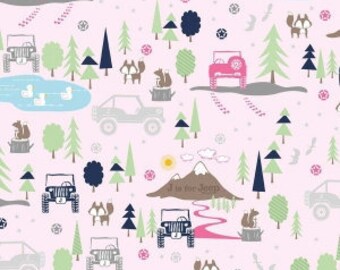 Riley Blake Fabric J is for Jeep in Pink, choose your cut