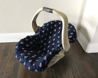 Navy Anchors - ALL COTTON - Car Seat Pad Liner Chicco Keyfit - Graco Snugride - Britax - Safety 1st - Evenflo