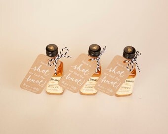 50+ Have a Shot We Tied the Knot Mini Liquor Bottle Tags - Wedding Favor Tags - Kraft Tags - White Ink Printing - Many Colors Available