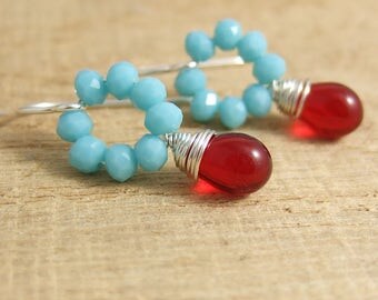 Earrings with Tiny, Turquoise Blue Crystal Beads and Red Glass Teardrops Wire Wrapped with Sterling Silver Wire HE-360
