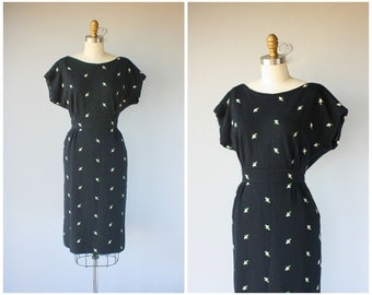 1950s Wool Wiggle Dress | 50s Wool Dress | 50s Wiggle Dress | 1950s Embroidered Dress | Black Wiggle Dress (large)