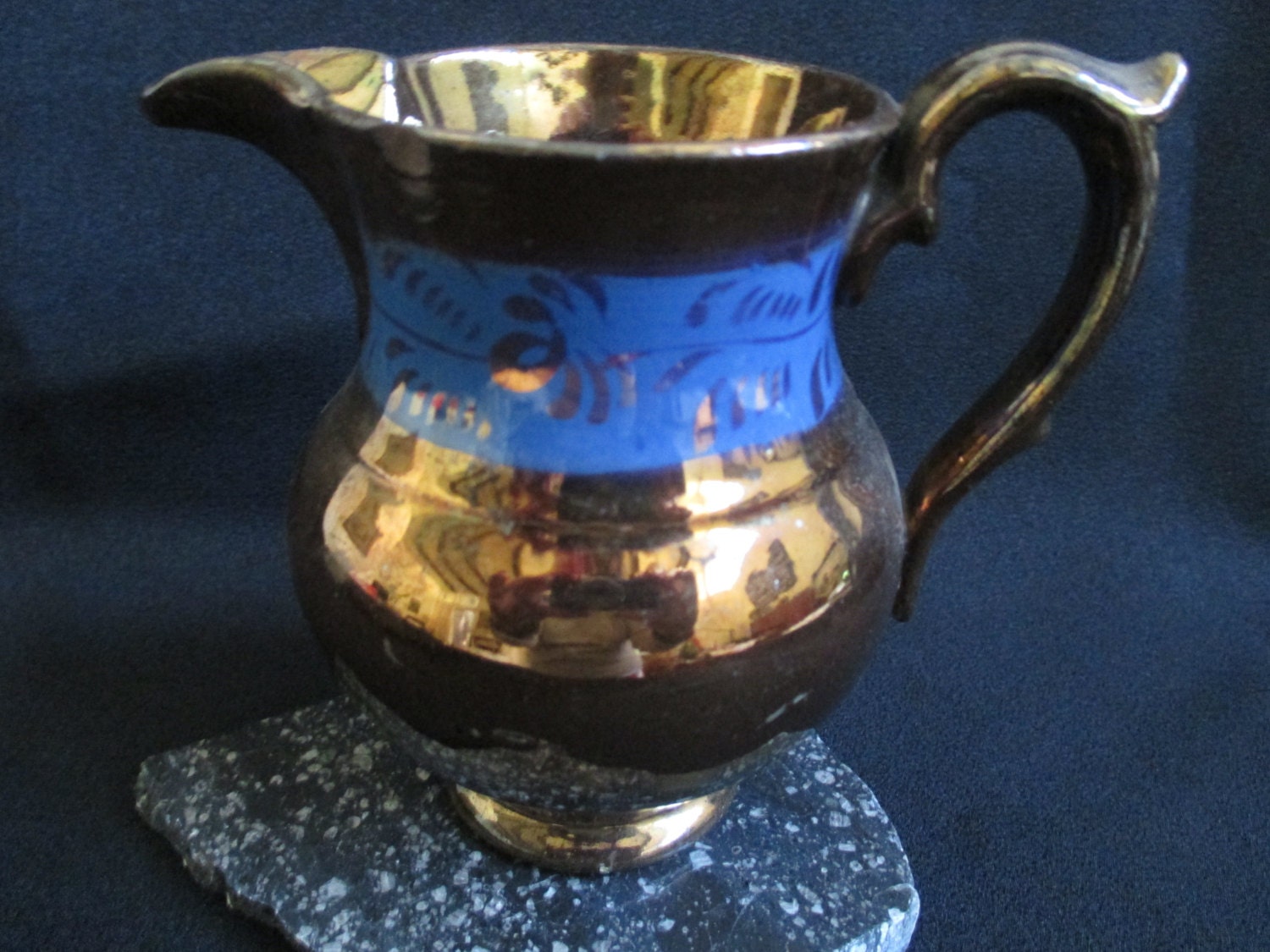 Antique English Copper Luster Pitcher Blue band Stoneware