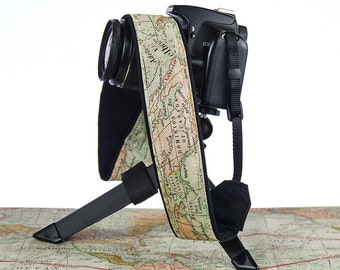 dSLR Camera Strap, Vintage Style Map, Camera Neck Strap, Canon camera strap, Nikon camera strap, Men's, Women's, 256