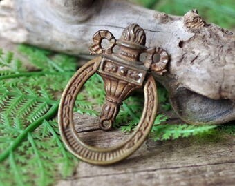Vintage Brass Hanging Drawer Pull Handle - Signed Furniture Hardware - Door Knocker Style Brass Drawer Pull