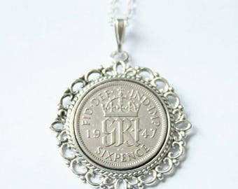 70th birthday gifts for women. 1947 birthday gift. 1947 Lucky Sixpence necklace. 1947 jewelry gift. 70th birthday gift. Coin necklace